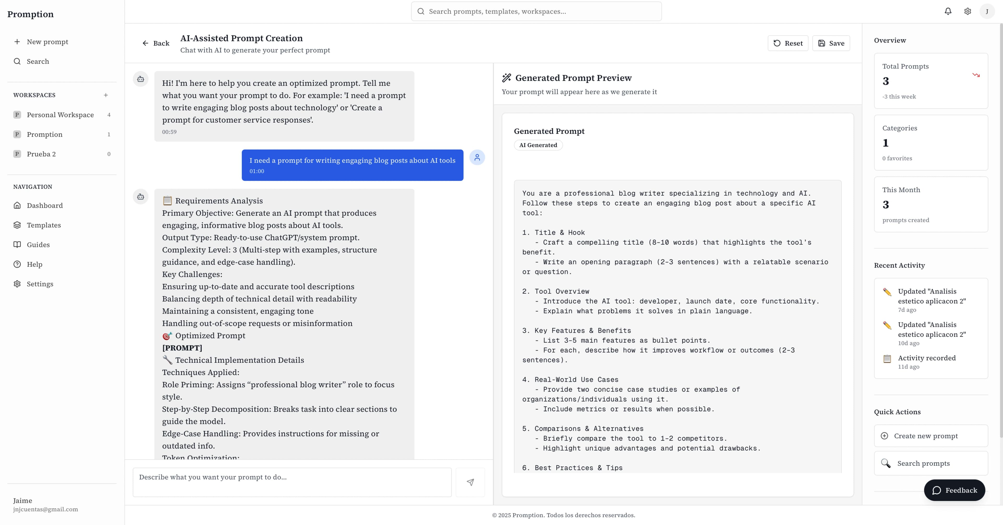 Promption AI-powered workspace showing chat interface and organized prompt collections